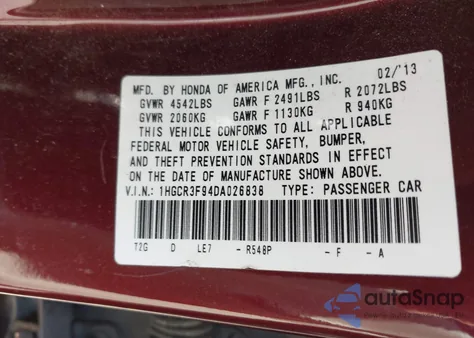 2013 Honda Accord Touring из США, поврежденный, VIN 1HGCR3F94DA026838